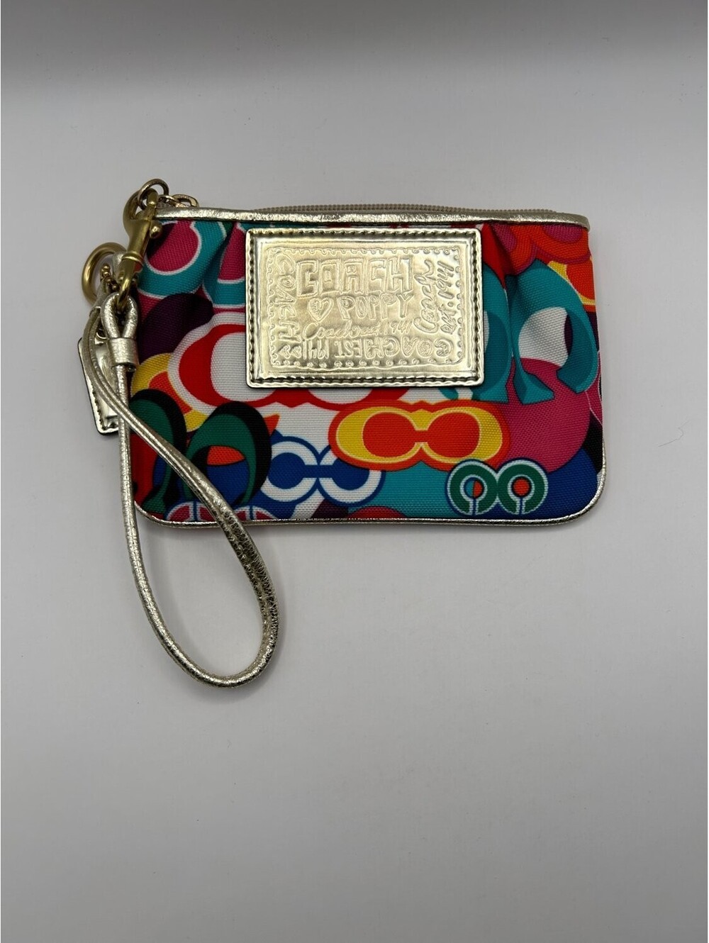 Coach Poppy Pop C Small Wristlet Pouch S Multicolor Metallic Leather Womens
